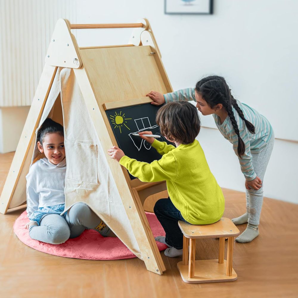 Kids Art Easel - 5-in-1 Montessori Playhouse: Foldable Climber, Hideaway,